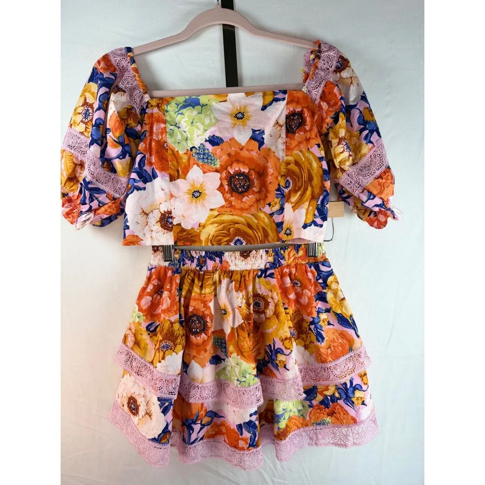 Buddy Love Girls Floral 2 Piece Set Orange Pink Lace Tiered Skirt Crop Top Sz 14